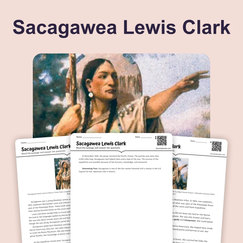 Sacagawea Helps Lewis and Clark — reading — reading comprehension for Grade 3, Grade 4, Grade 5, page 1 of 4