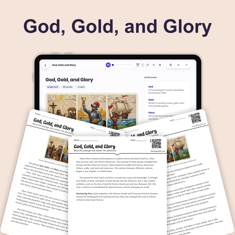 God, Gold, and Glory: The Three Motives for Exploration — reading — reading comprehension for Grade 3, Grade 4, Grade 5, page 1 of 4