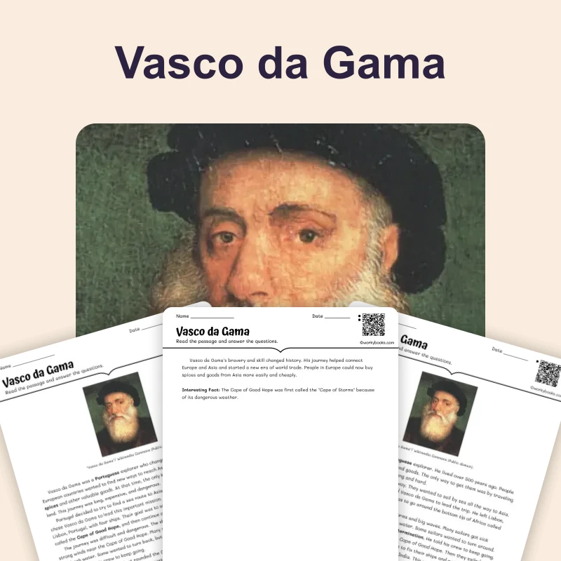 Vasco da Gama: A Sea Route to India — reading — reading comprehension for Grade 3, Grade 4, Grade 5, page 1 of 4
