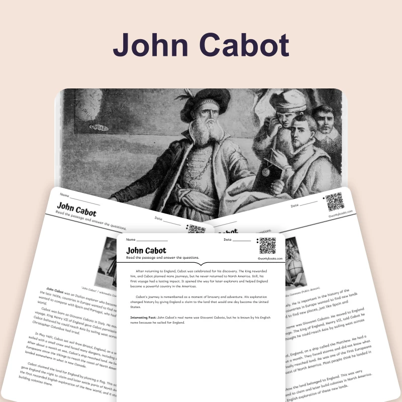 John Cabot: Exploring North America — reading — reading comprehension for Grade 3, Grade 4, Grade 5, page 1 of 4