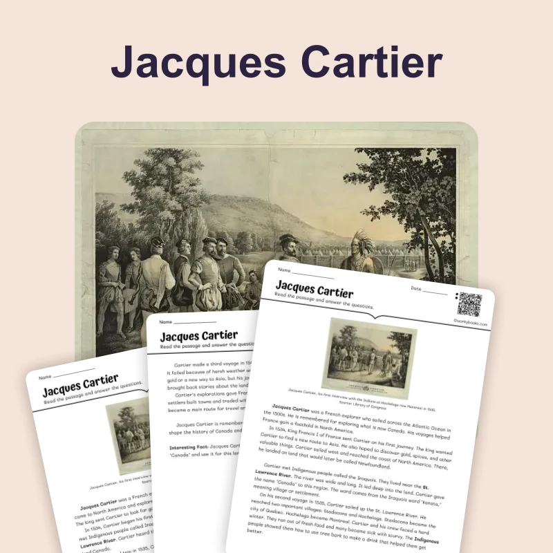 Jacques Cartier: Exploring Canada — reading — reading comprehension for Grade 3, Grade 4, Grade 5, page 1 of 4