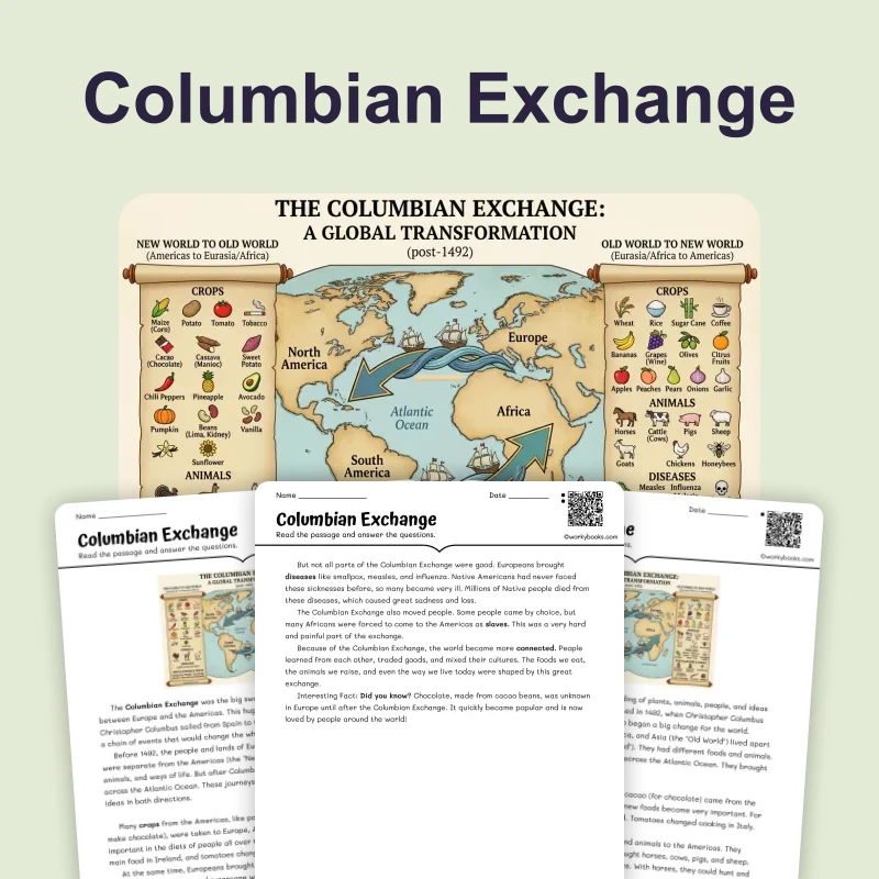 The Columbian Exchange: Two Worlds Meet — reading — reading comprehension for Grade 3, Grade 4, Grade 5, page 1 of 4