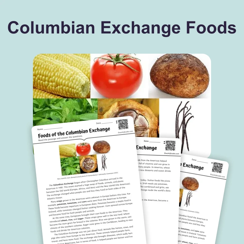 Foods of the Columbian Exchange — ela — reading comprehension for Grade 3, Grade 4, Grade 5, page 1 of 4