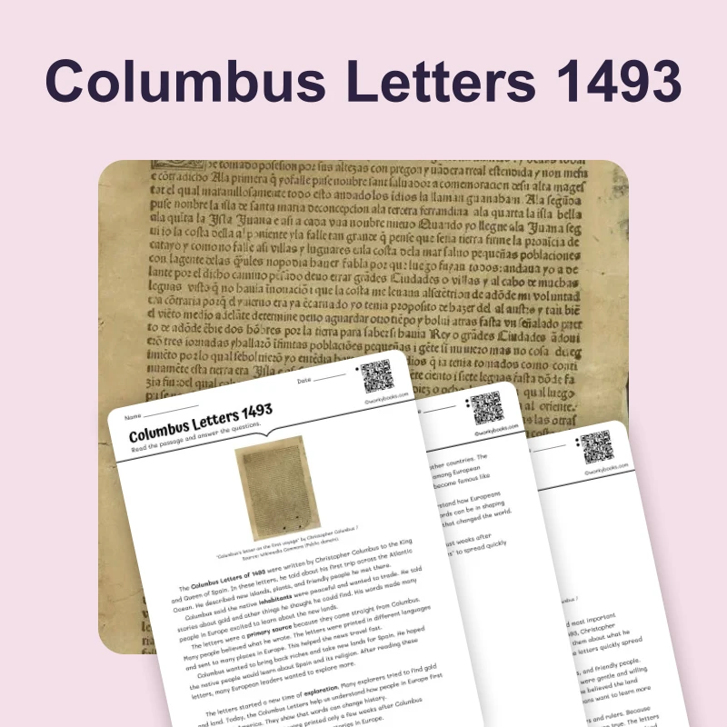 Reading Columbus's Letters from 1493 — reading — reading comprehension for Grade 3, Grade 4, Grade 5, page 1 of 4