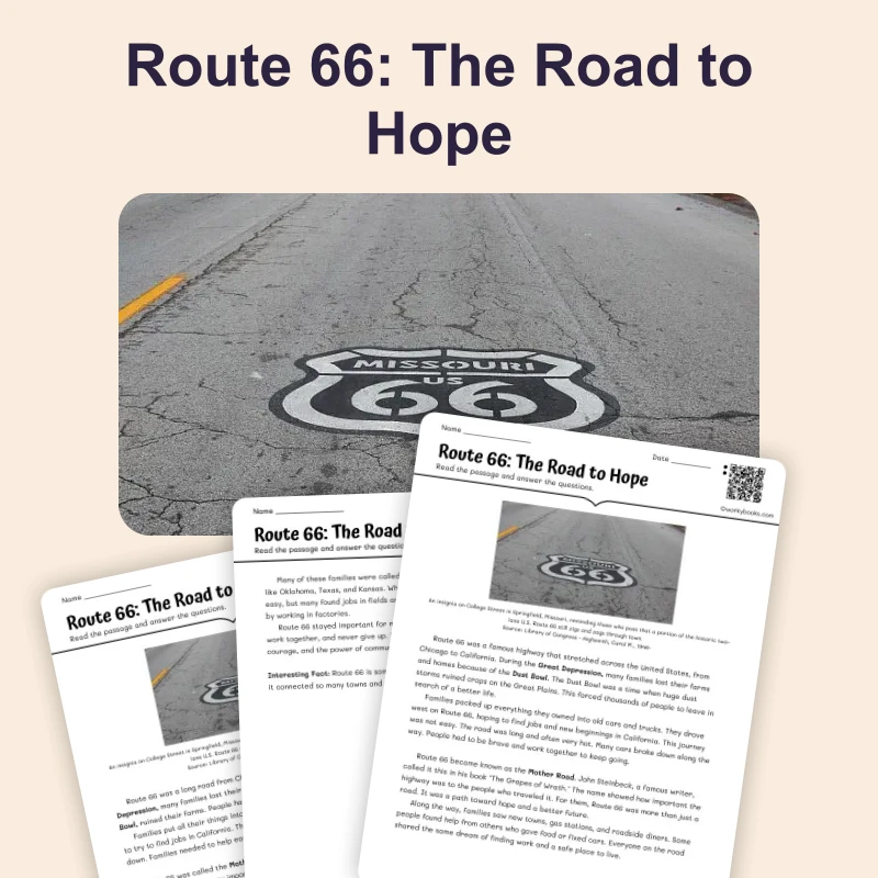 Route 66: The Road to Hope — reading — reading comprehension for Grade 3, Grade 4, Grade 5, page 1 of 4