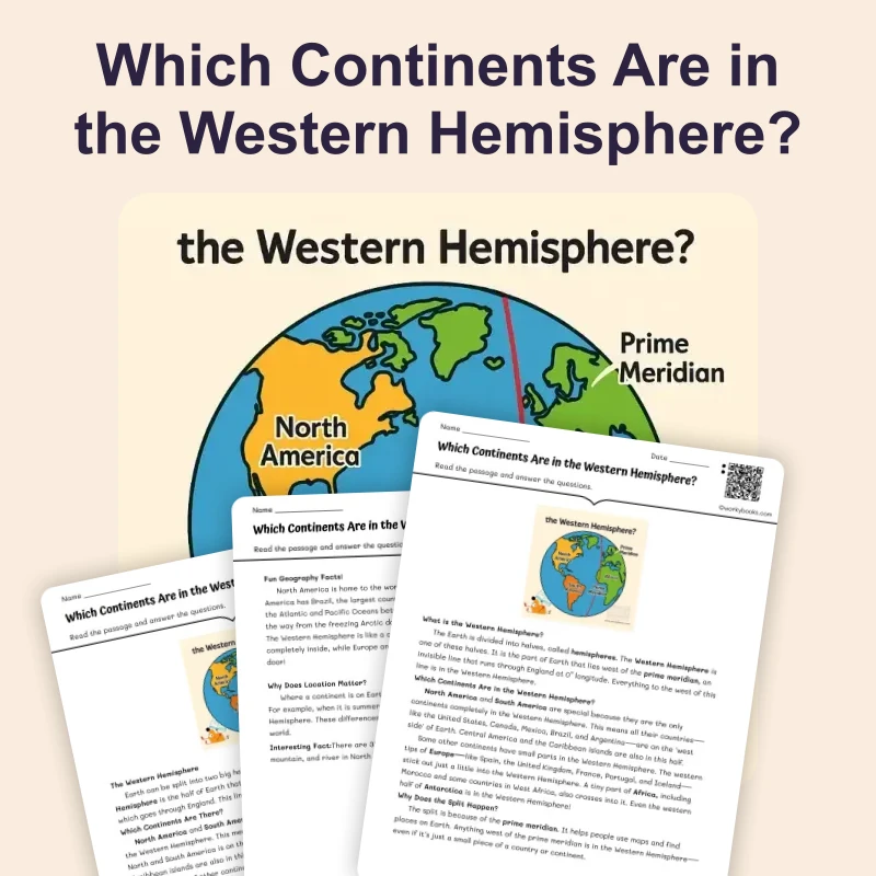 Which Continents Are in the Western Hemisphere? — ela — reading comprehension for Grade 3, Grade 4, Grade 5, Grade 6, Grade 7, page 1 of 4