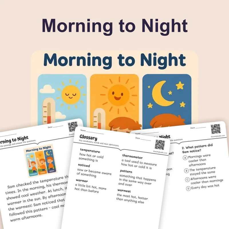 Sam’s Temperature Track — ela — reading comprehension for Grade K, Grade 1, Grade 2, page 1 of 4