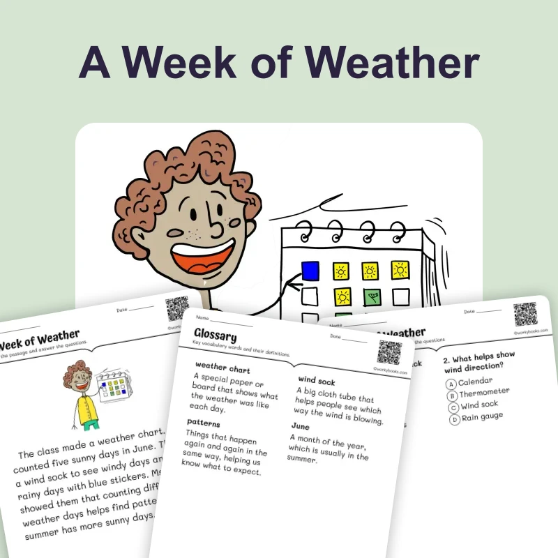 Ms. Chen’s Class Tracks the Weather — ela — reading comprehension for Grade K, Grade 1, Grade 2, page 1 of 4