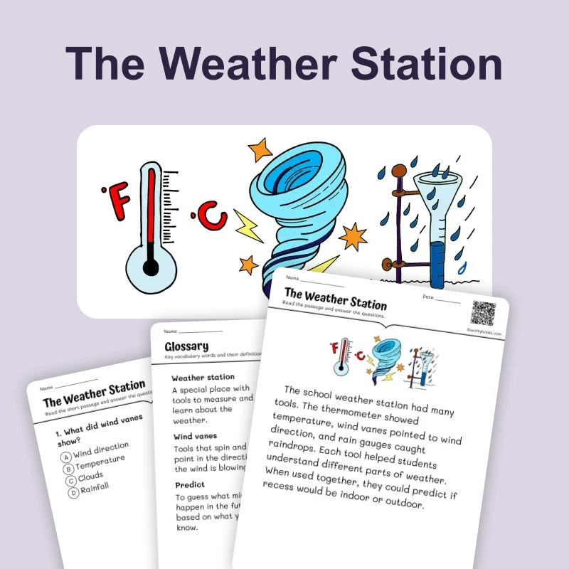 The Weather Station — ela — reading comprehension for Grade K, Grade 1, Grade 2, page 1 of 4