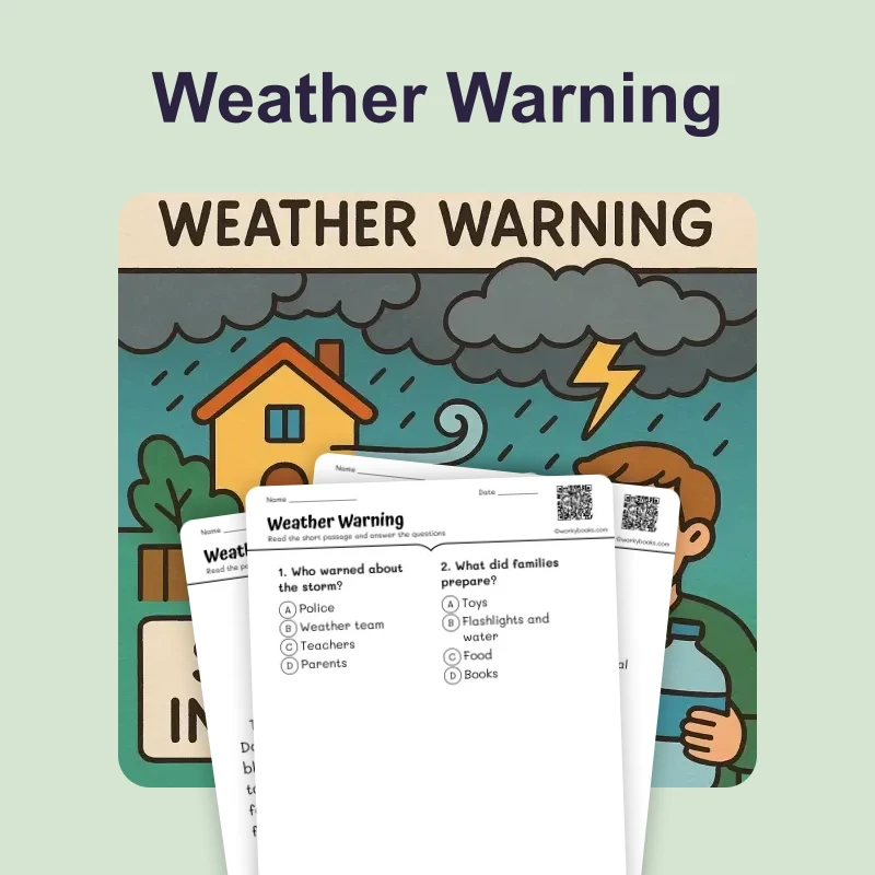 Weather Warning — ela — reading comprehension for Grade K, Grade 1, Grade 2, page 1 of 4