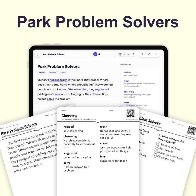 Park Cleanup — ela — reading comprehension for Grade K, Grade 1, Grade 2, page 1 of 4