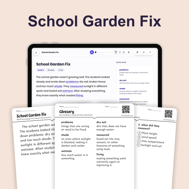 School Garden Fix — ela — reading comprehension for Grade K, Grade 1, Grade 2, page 1 of 4