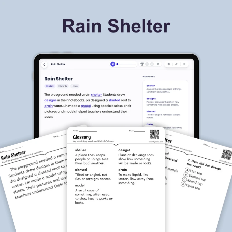Rain Shelter — ela — reading comprehension for Grade K, Grade 1, Grade 2, page 1 of 4