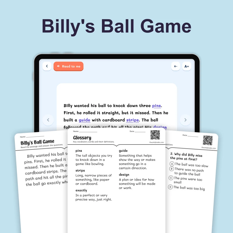 Billy's Bouncing Ball — ela — reading comprehension for Grade K, Grade 1, Grade 2, page 1 of 4