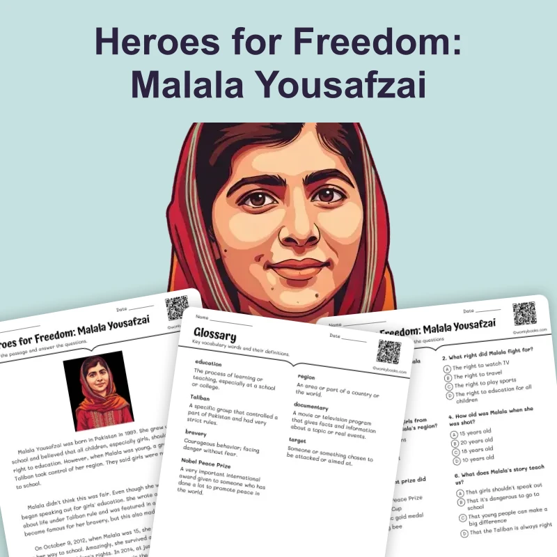 Heroes for Freedom: Malala Yousafzai — ela — reading comprehension for Grade 4, Grade 5, page 1 of 4