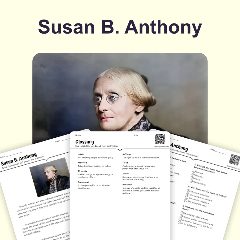 Heroes for Freedom: Susan B. Anthony — ela — reading comprehension for Grade 4, Grade 5, page 1 of 4