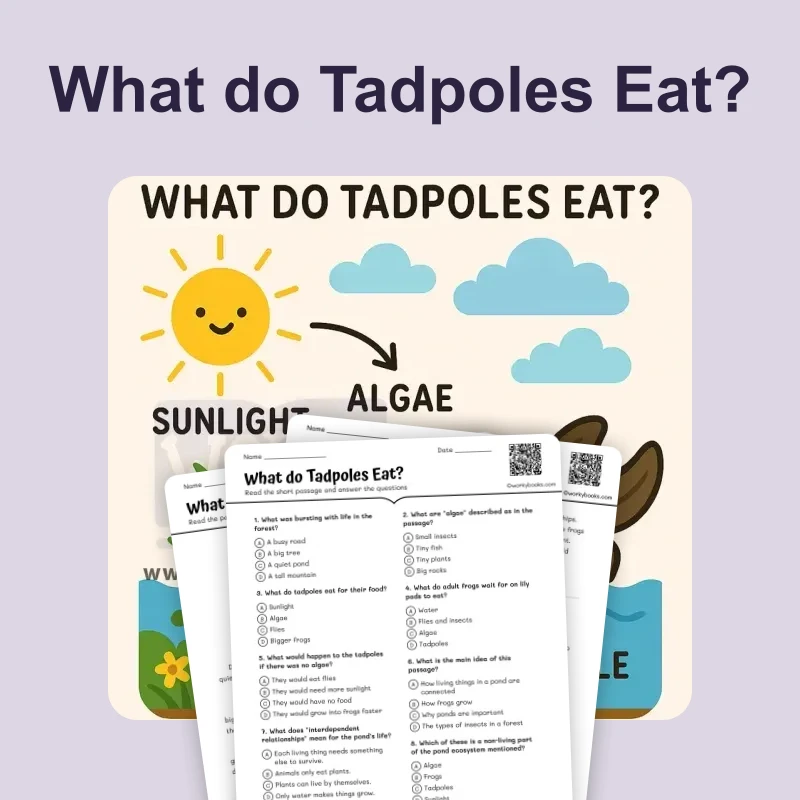 What do Tadpoles Eat? — reading — reading comprehension for Grade 1, Grade 2, Grade 3, page 1 of 4