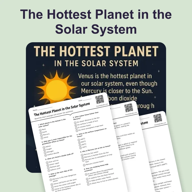 The Hottest Planet in the Solar System — reading — reading comprehension for Grade 3, Grade 4, Grade 5, Grade 6, Grade 7, page 1 of 4