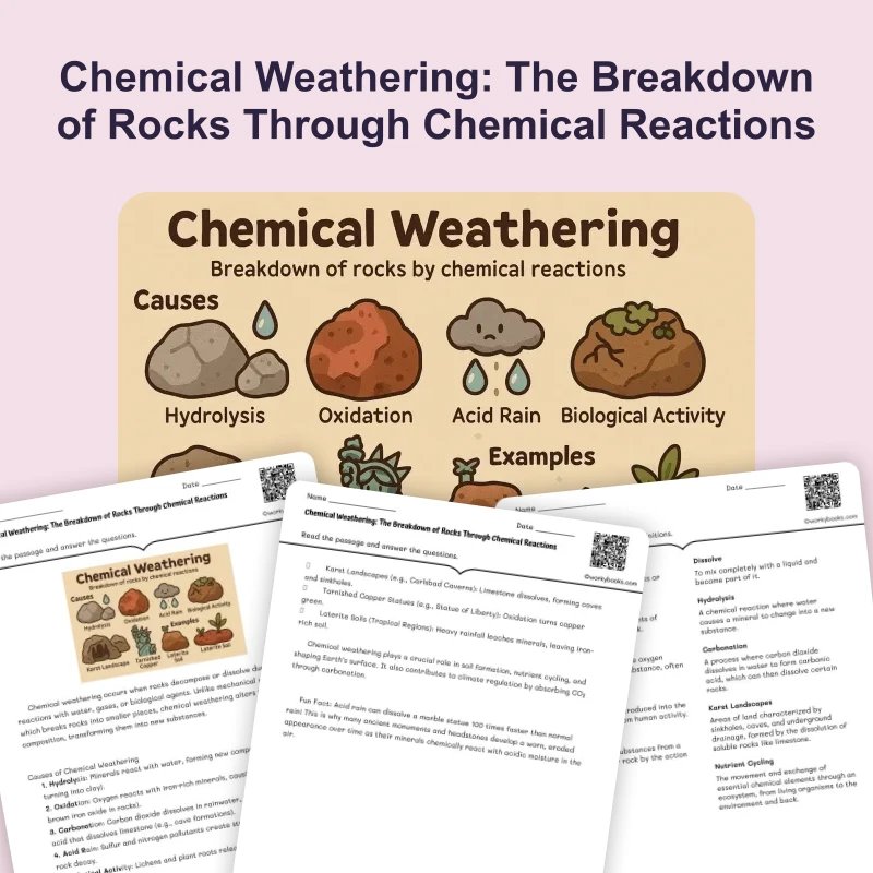 Chemical Weathering: The Breakdown of Rocks Through Chemical Reactions — ela — reading comprehension for Grade 5, Grade 6, Grade 7, Grade 8, page 1 of 4