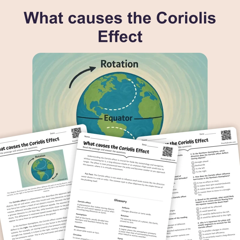 What causes the Coriolis Effect — ela — reading comprehension for Grade 3, Grade 4, Grade 5, Grade 6, Grade 7, Grade 8, page 1 of 4