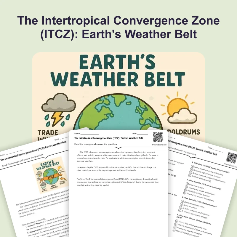 The Intertropical Convergence Zone (ITCZ): Earth's Weather Belt — ela — reading comprehension for Grade 5, Grade 6, Grade 7, Grade 8, page 1 of 4
