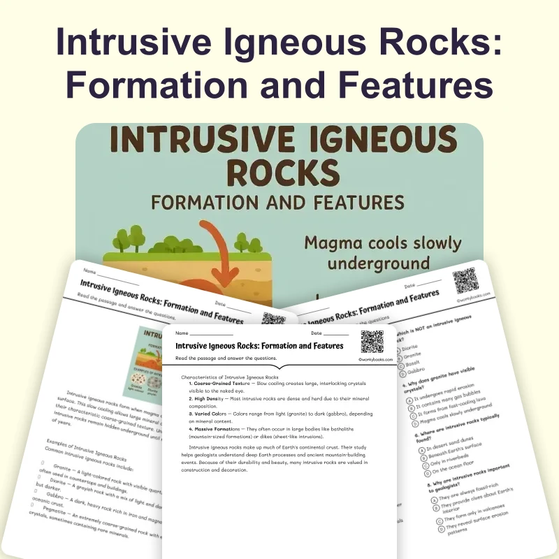 Intrusive Igneous Rocks: Formation and Features — ela — reading comprehension for Grade 5, Grade 6, Grade 7, Grade 8, page 1 of 4
