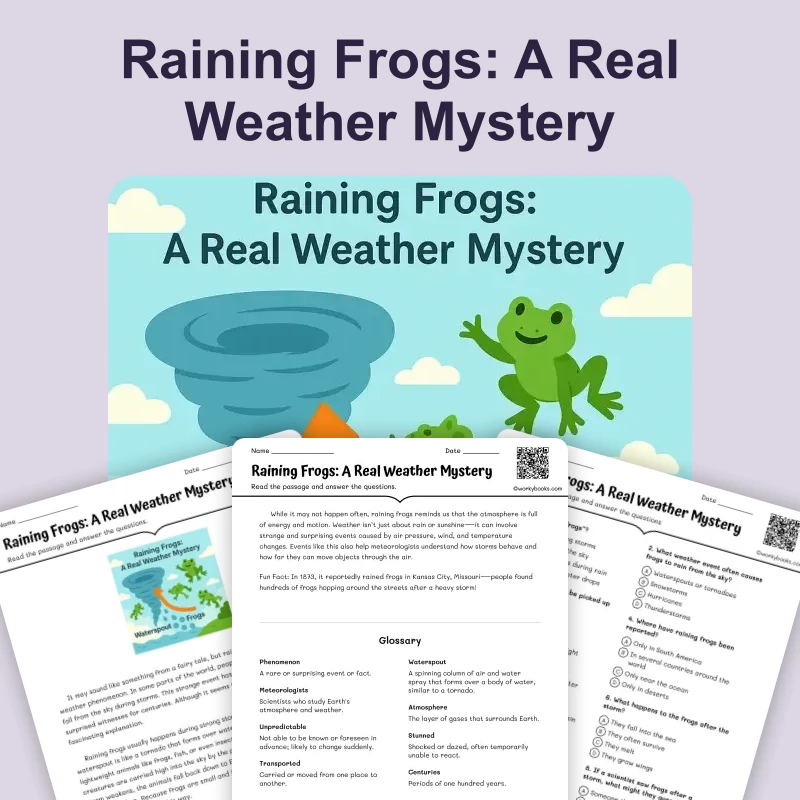 Raining Frogs — ela — reading comprehension for Grade 5, Grade 6, Grade 7, Grade 8, page 1 of 4