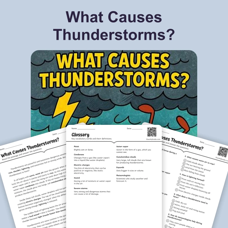 What Causes Thunderstorms — ela — reading comprehension for Grade 3, Grade 4, Grade 5, Grade 6, Grade 7, page 1 of 4