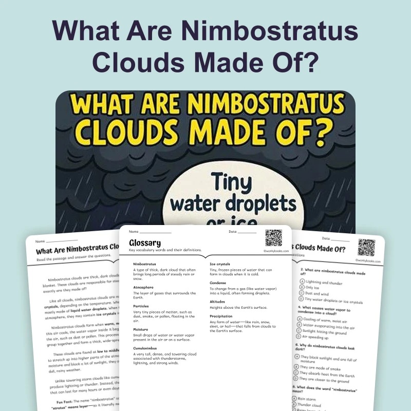 What Are Nimbostratus Clouds Made Of — ela — reading comprehension for Grade 3, Grade 4, Grade 5, Grade 6, Grade 7, page 1 of 4