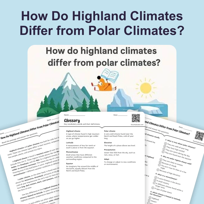 How Do Highland Climates Differ from Polar Climates — ela — reading comprehension for Grade 5, Grade 6, Grade 7, Grade 8, page 1 of 4