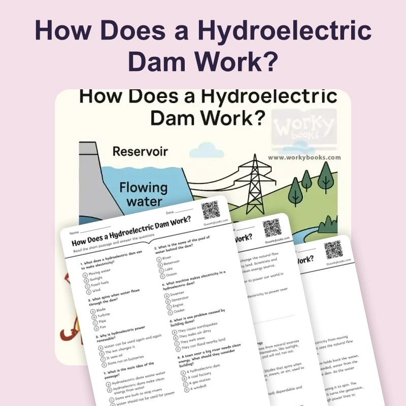 How Does a Hydroelectric Dam Work? — ela — reading comprehension for Grade 3, Grade 4, Grade 5, Grade 6, Grade 7, page 1 of 4