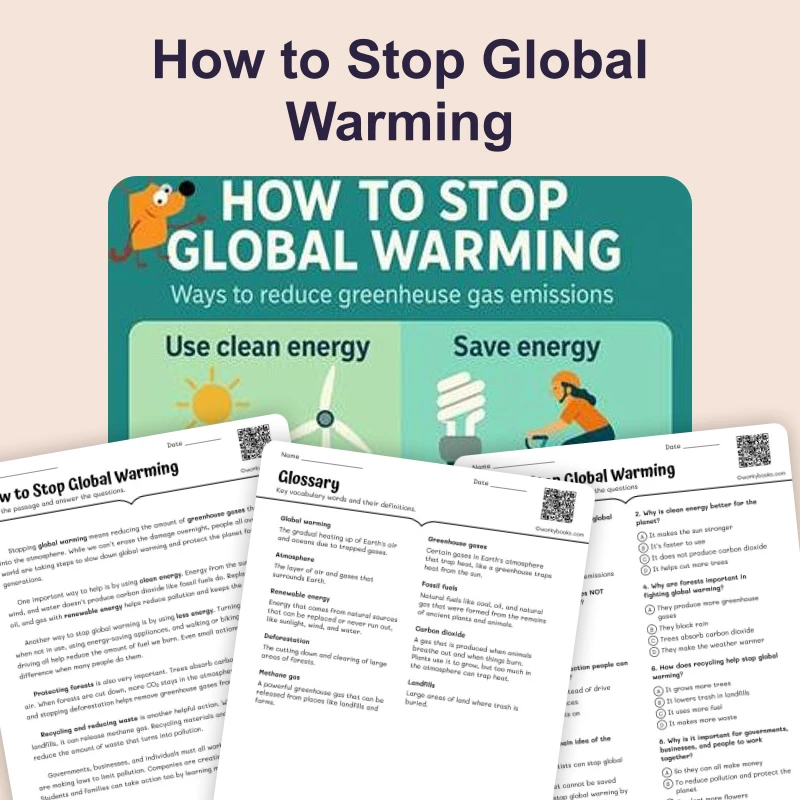 How to Stop Global Warming — ela — reading comprehension for Grade 5, Grade 6, Grade 7, Grade 8, page 1 of 4