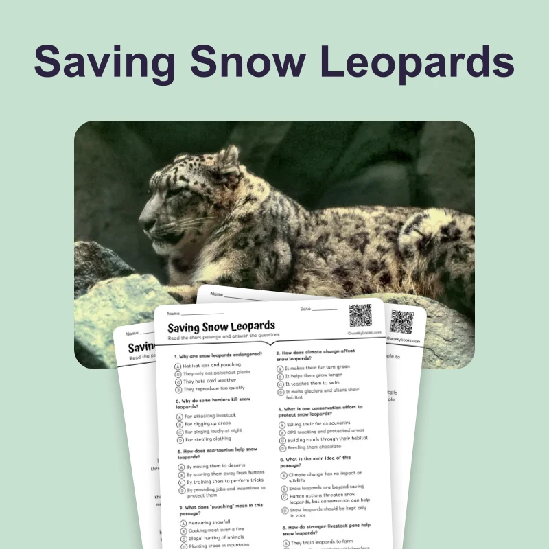 Saving Snow Leopards — ela — reading comprehension for Grade 5, Grade 6, Grade 7, Grade 8, page 1 of 4