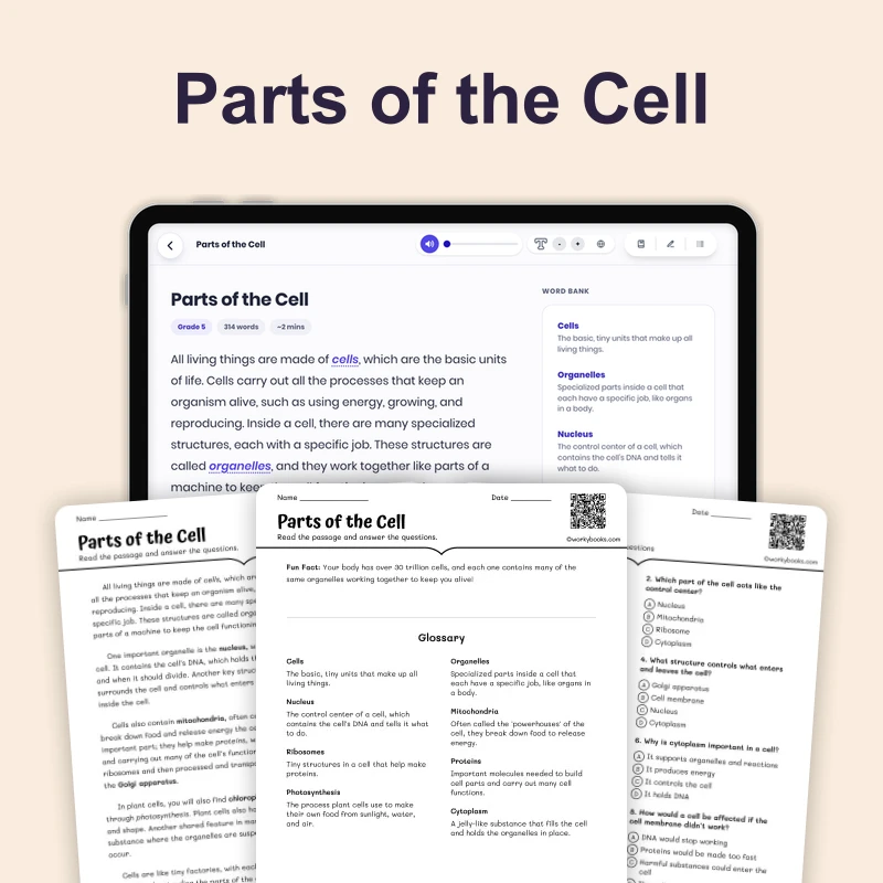 Parts of the Cell — ela — reading comprehension for Grade 5, Grade 6, Grade 7, Grade 8, page 1 of 4