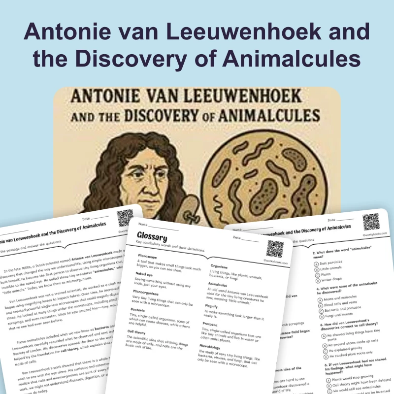 Antonie van Leeuwenhoek — ela — reading comprehension for Grade 5, Grade 6, Grade 7, Grade 8, page 1 of 4