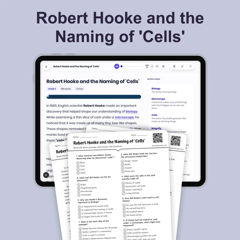 Robert Hooke — ela — reading comprehension for Grade 5, Grade 6, Grade 7, Grade 8, page 1 of 4