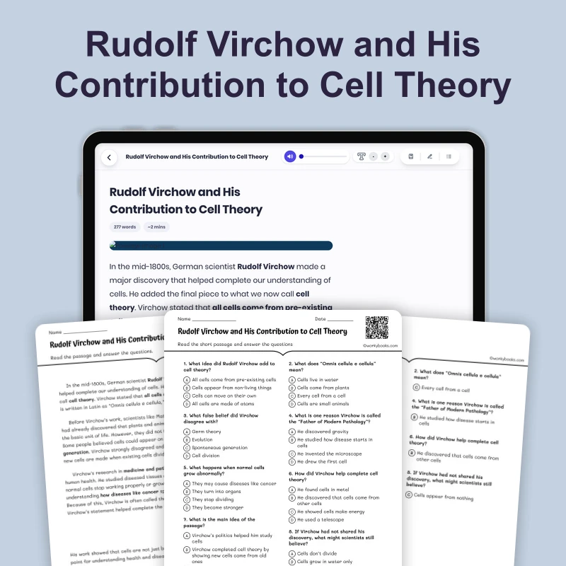 Rudolf Virchow Cell Theory — ela — reading comprehension for Grade 5, Grade 6, Grade 7, Grade 8, page 1 of 4