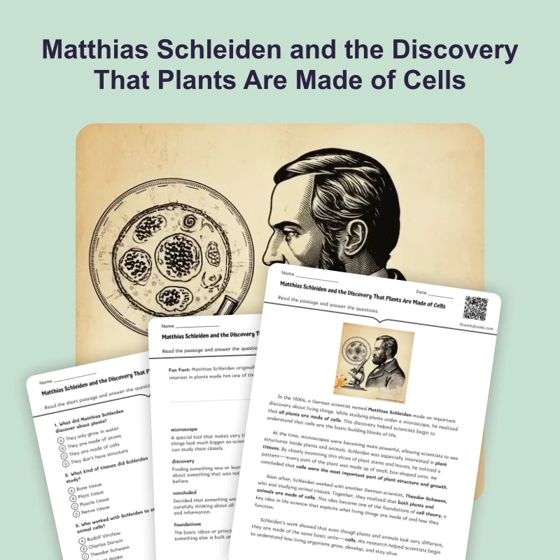 Matthias Schleiden Cell Theory — ela — reading comprehension for Grade 5, Grade 6, Grade 7, Grade 8, page 1 of 4