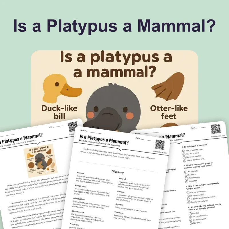 Is a Platypus a Mammal — ela — reading comprehension for Grade 3, Grade 4, Grade 5, Grade 6, Grade 7, Grade 8, page 1 of 4