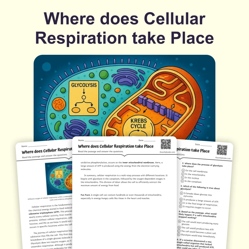 Where does Cellular Respiration take Place — ela — reading comprehension for Grade 3, Grade 4, Grade 5, Grade 6, Grade 7, Grade 8, page 1 of 4