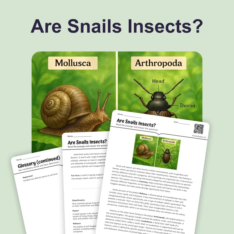 Are Snails Insects — ela — reading comprehension for Grade 3, Grade 4, Grade 5, Grade 6, page 1 of 4