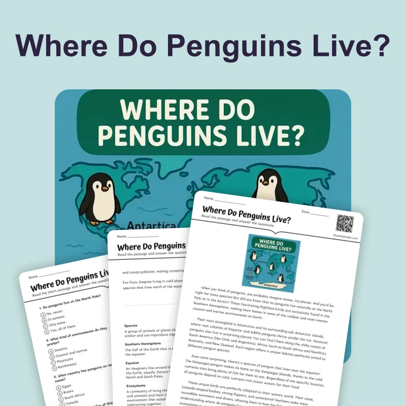Where Do Penguins Live? — reading — reading comprehension for Grade 3, Grade 4, Grade 5, Grade 6, Grade 7, Grade 8, page 1 of 4