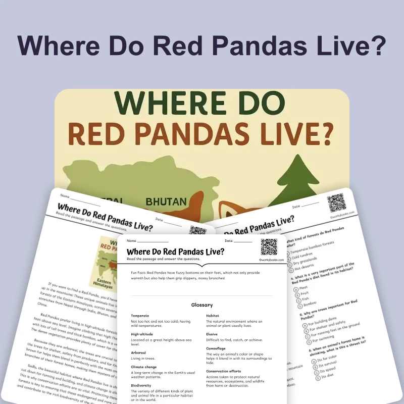 Where Do Red Pandas Live? — ela — reading comprehension for Grade 3, Grade 4, Grade 5, Grade 6, Grade 7, Grade 8, page 1 of 4