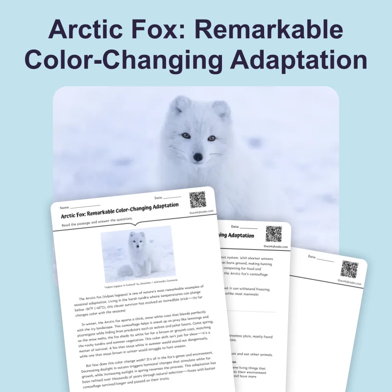 Arctic Fox: Remarkable Color-Changing Adaptation — ela — reading comprehension for Grade 5, Grade 6, Grade 7, Grade 8, page 1 of 4