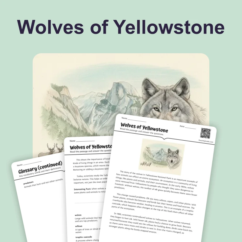 Wolves of Yellowstone — ela — reading comprehension for Grade 5, Grade 6, Grade 7, Grade 8, page 1 of 4