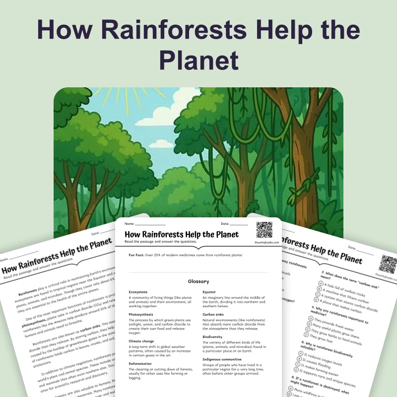 How Rainforests Help the Planet — science — reading comprehension for Grade 5, Grade 6, Grade 7, Grade 8, page 1 of 4