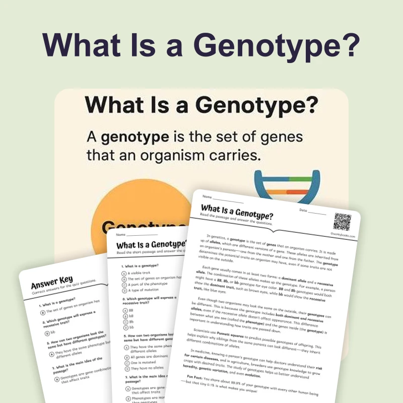 What Is a Genotype — ela — reading comprehension for Grade 5, Grade 6, Grade 7, Grade 8, page 1 of 4
