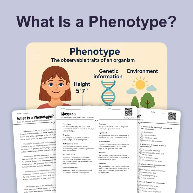 What Is a Phenotype — ela — reading comprehension for Grade 5, Grade 6, Grade 7, Grade 8, page 1 of 4