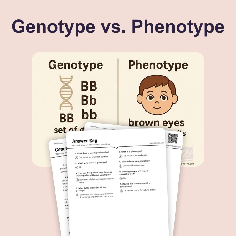 Genotype vs. Phenotype — ela — reading comprehension for Grade 5, Grade 6, Grade 7, Grade 8, page 1 of 4
