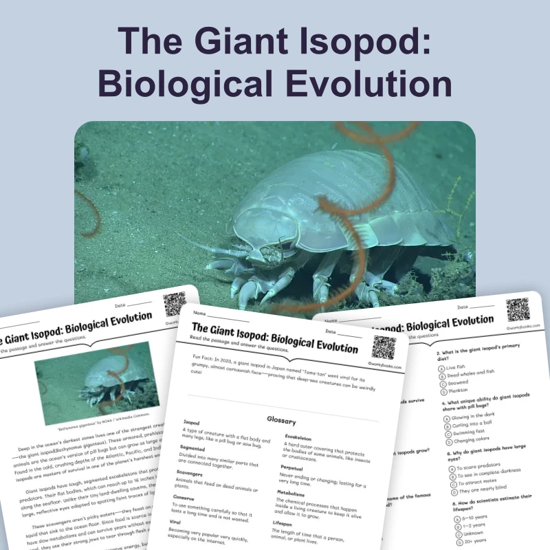The Giant Isopod: Biological Evolution — ela — reading comprehension for Grade 5, Grade 6, Grade 7, Grade 8, page 1 of 4